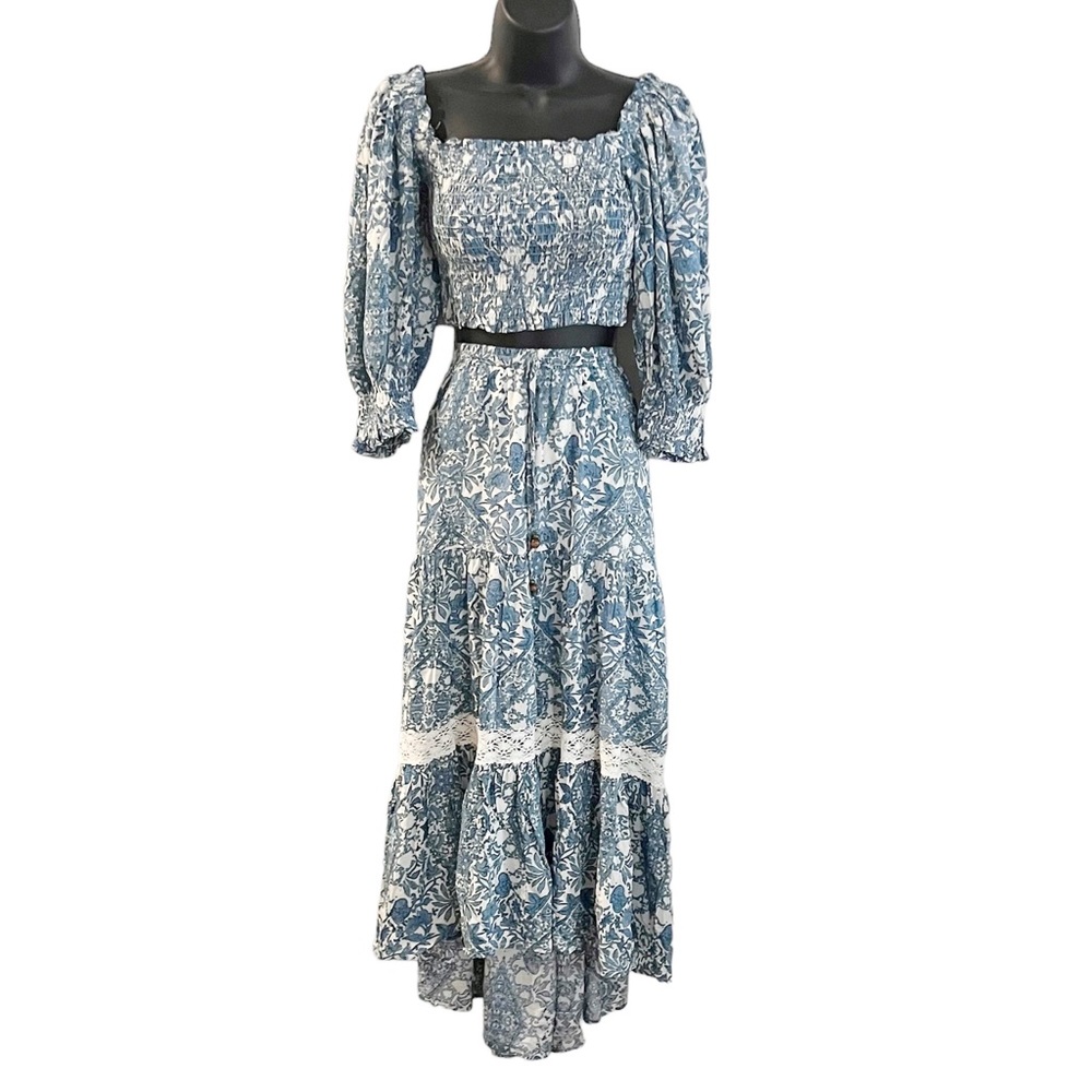Olivaceous Blue Boho Paisley Maxi Skirt and Crop Top Set
